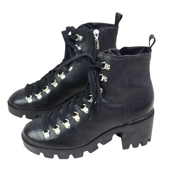 Schutz BLACK GENUINE LEATHER MID HEEL LACE UP ZIP ROUND TOE ANKLE BOOTS Sz 6.5B - Picture 3 of 9